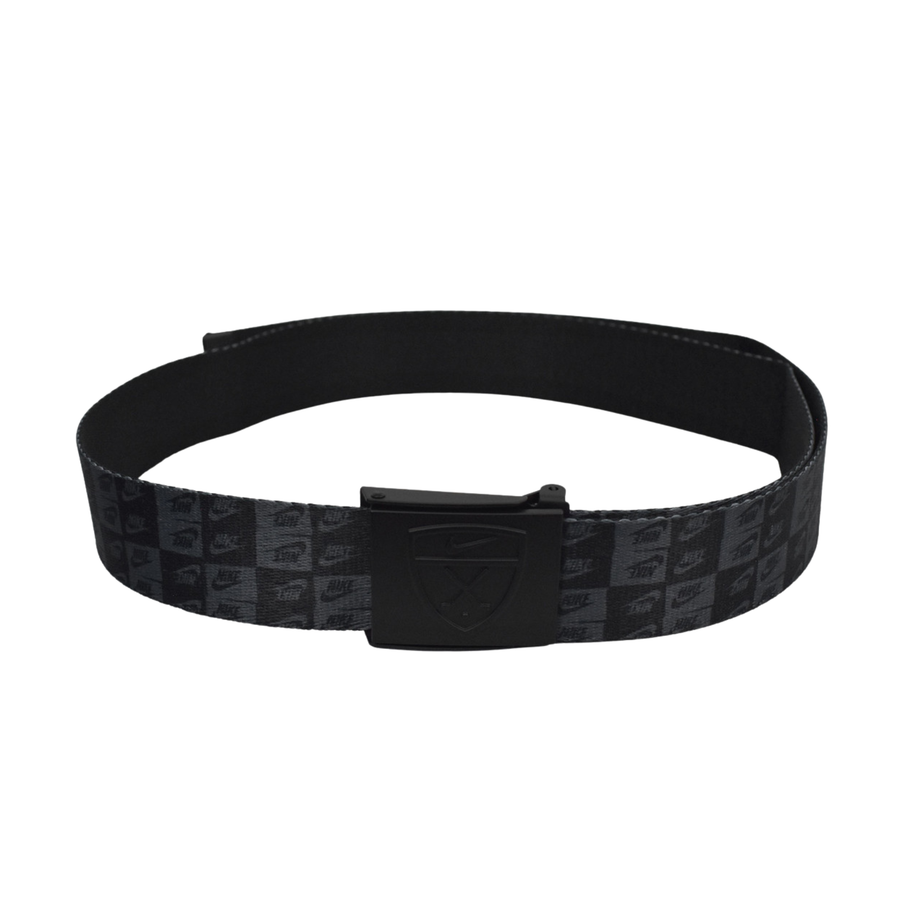 Black nike belt with a patterned strap on a white background