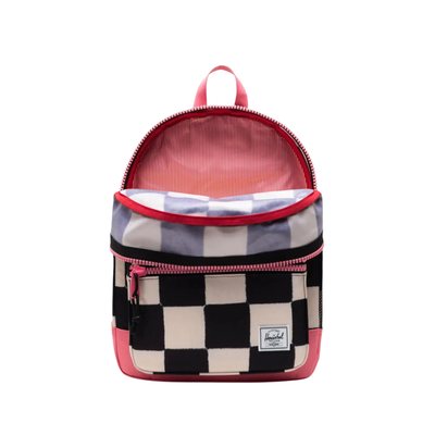 black and white checkerboard herschel kids heritage backpack with pink accents