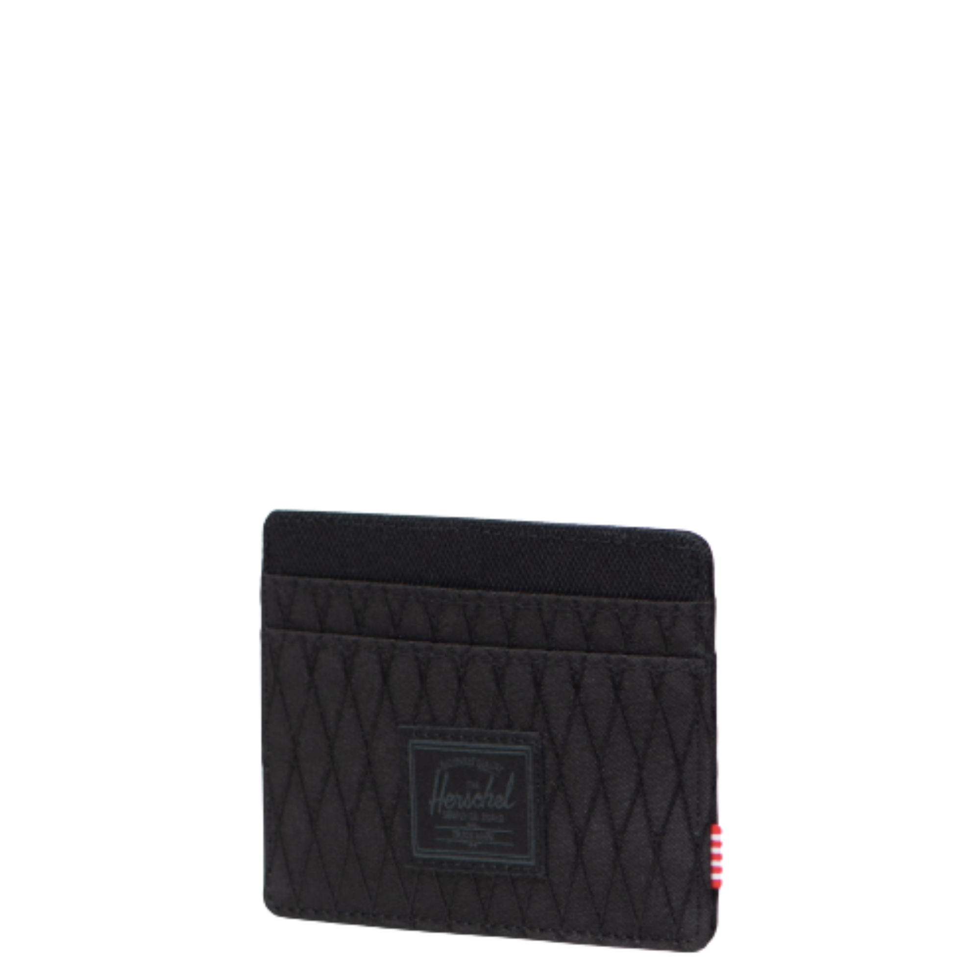 Black quilted herschel charlie wallet with Herschel logo on a white background