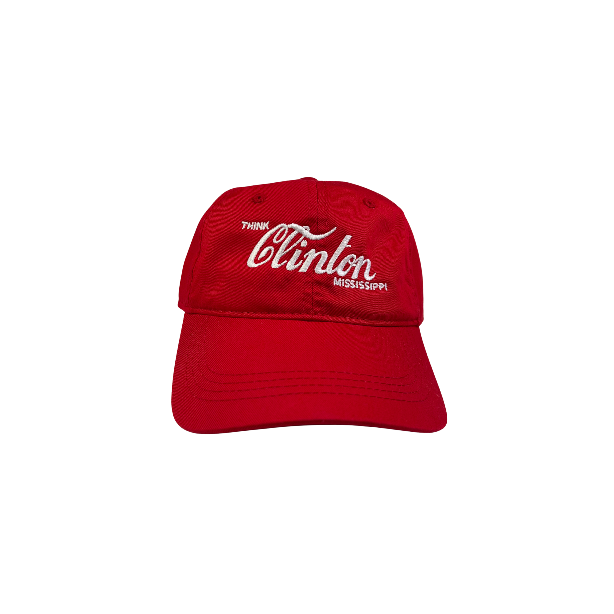 Red think clinton mississippi coca-cola cap with white text on a white background