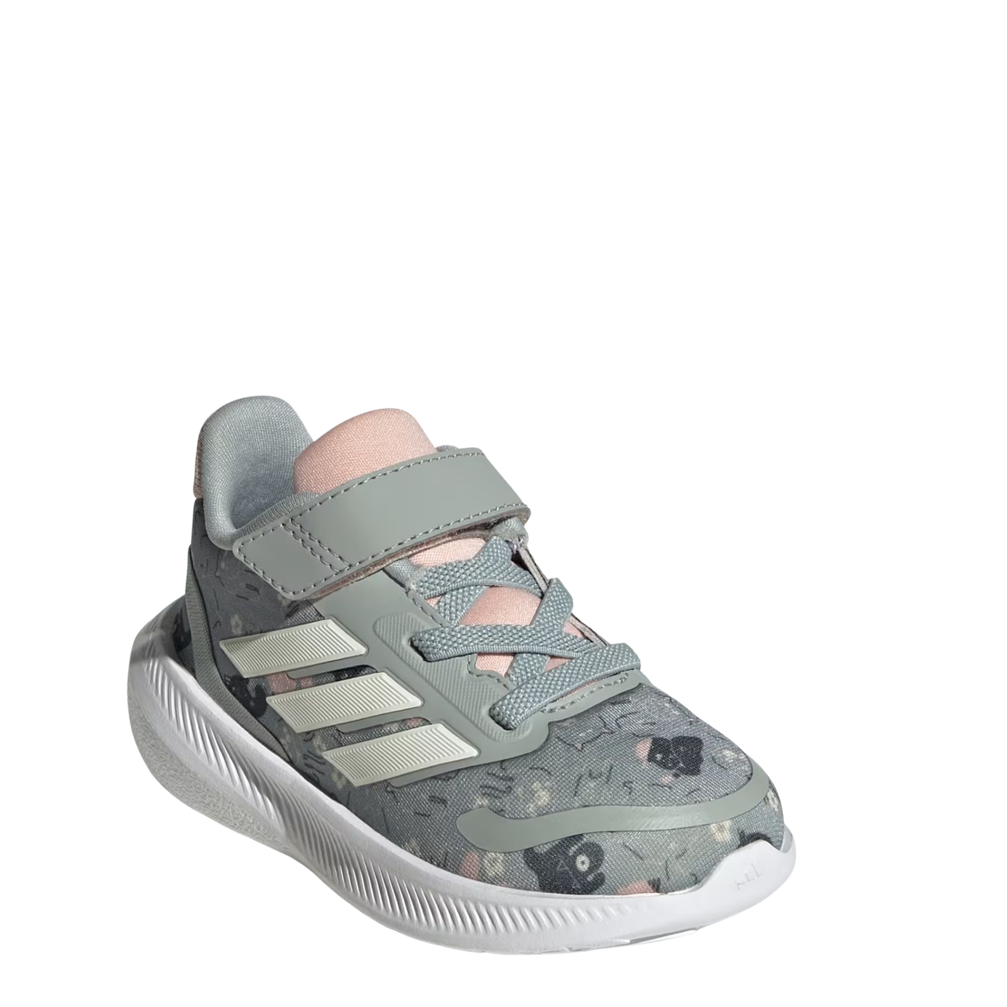 Green Adidas RUNFALCON 5 kids sneaker with floral pattern on a white background