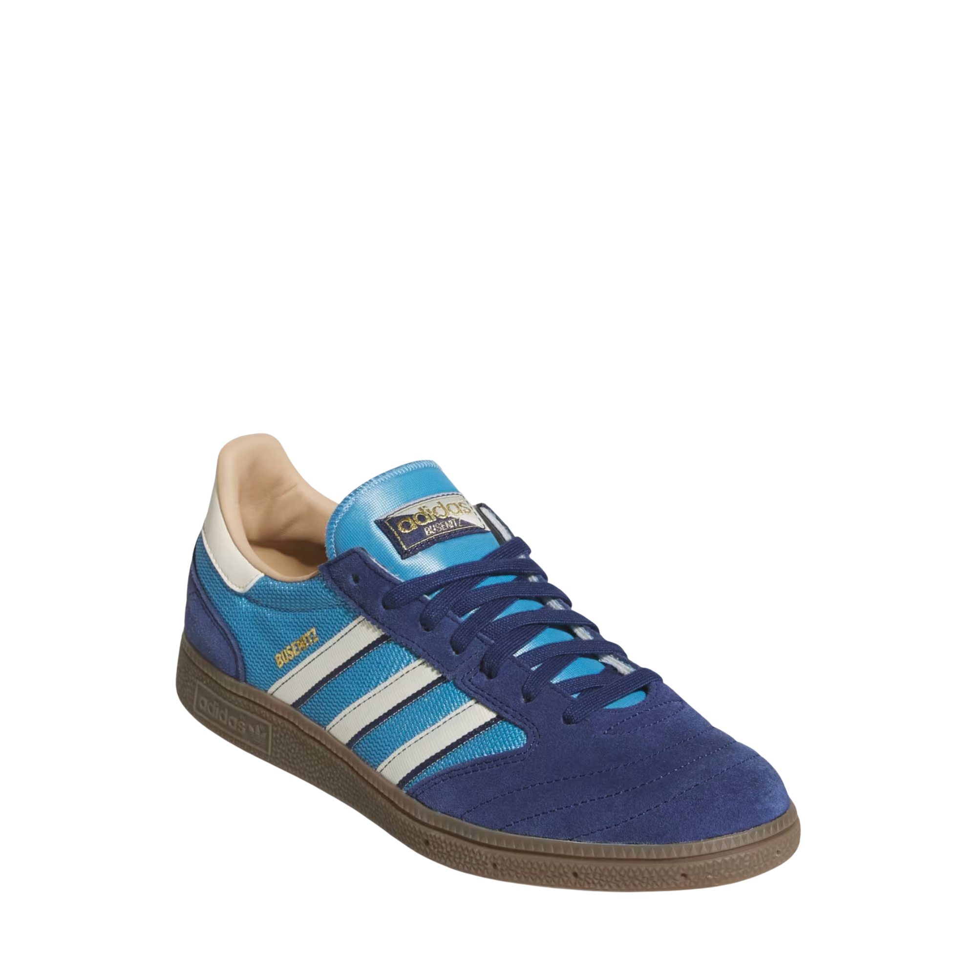 navy and bright blue adidas men's busenitz vintage skateboard shoes with white stripes and a gum sole on a white background