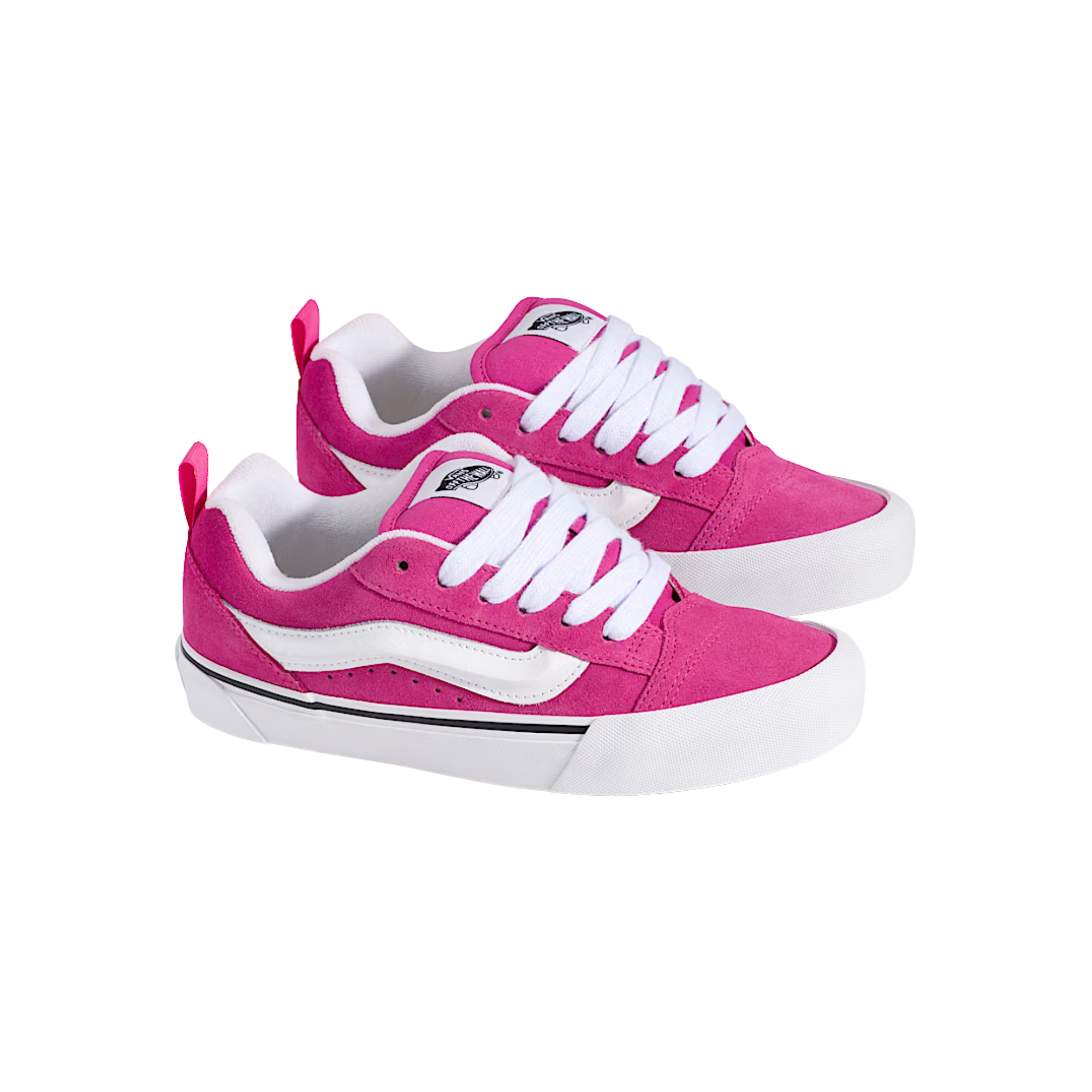 Pink vans knu skool women's sneaker with white laces on a white background