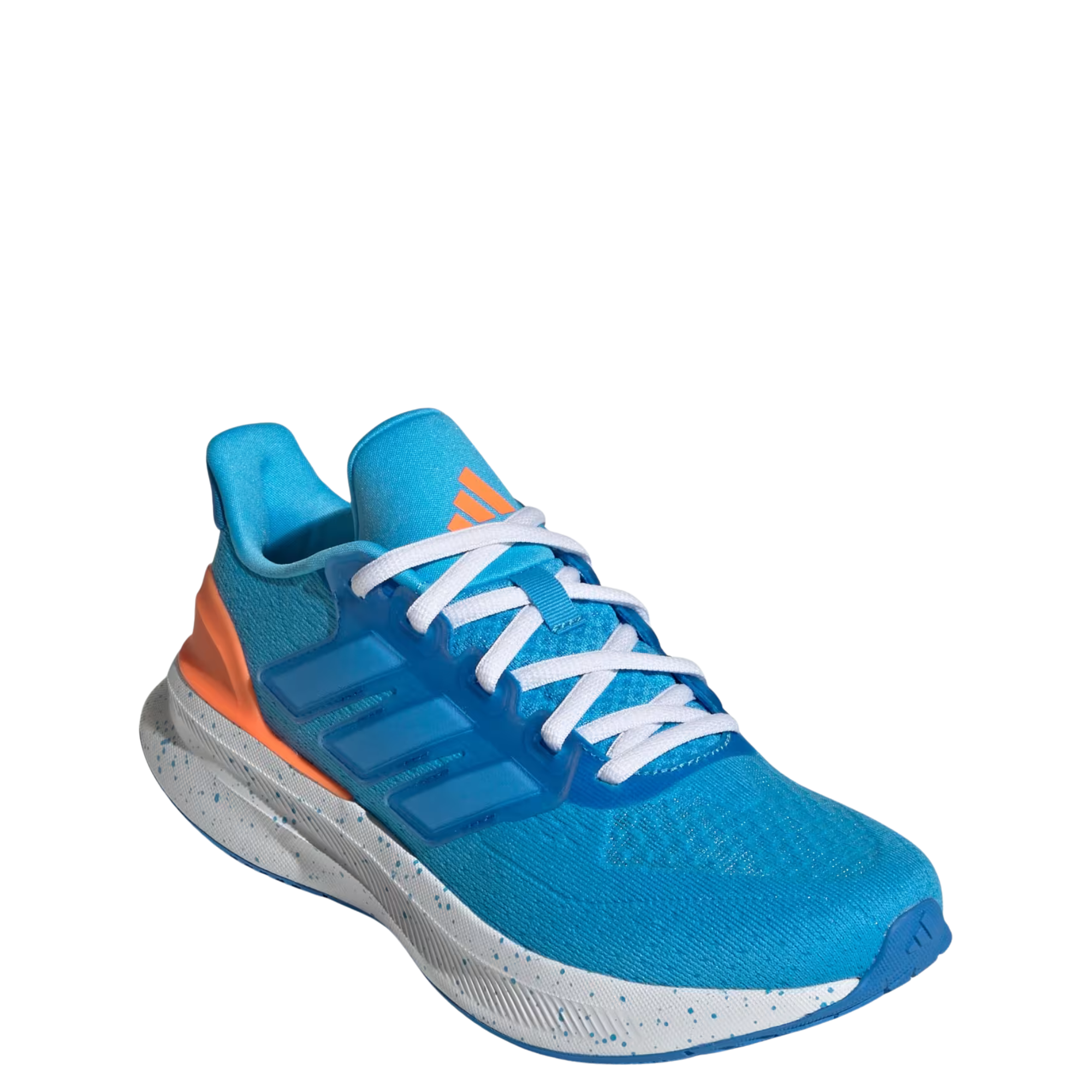 Blue adidas juniors ultrarun 5 running shoe with orange accent on a white background