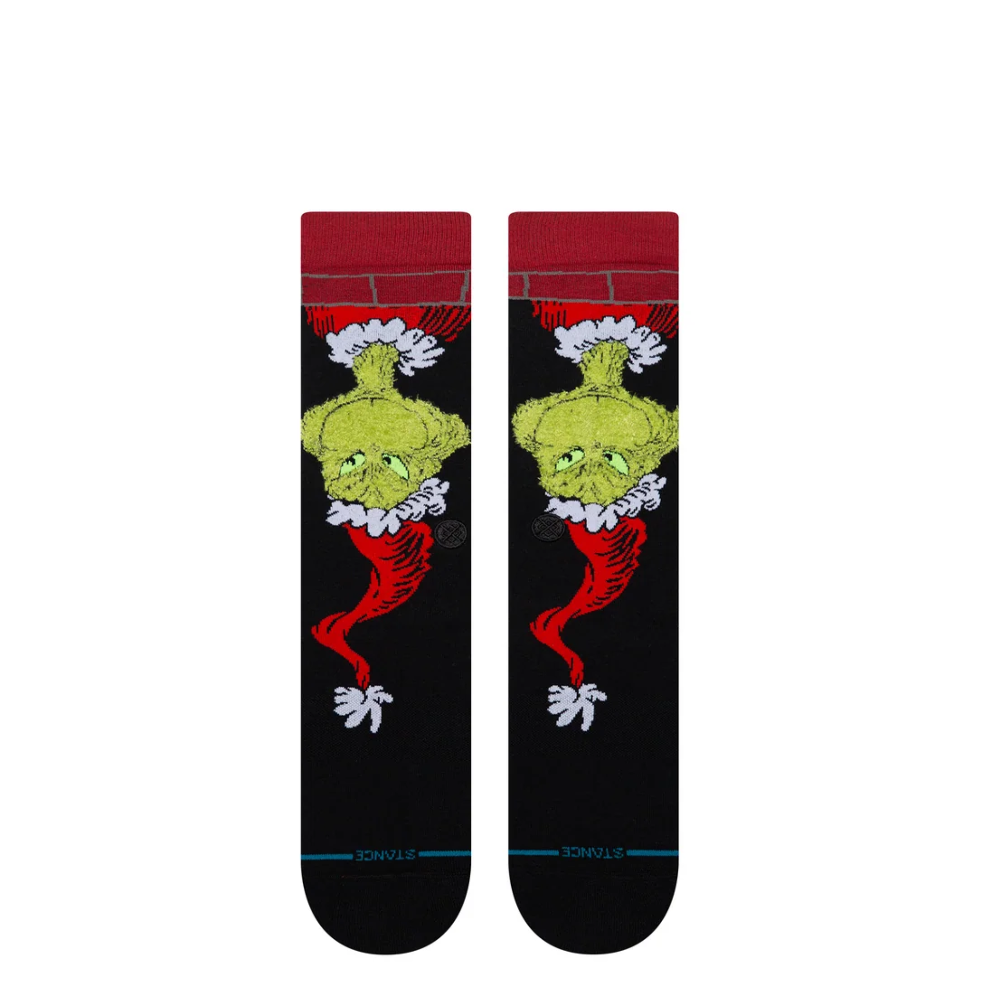 black stance grinch down the chimney dr seuss crew socks on a white background
