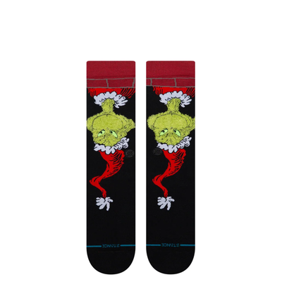 black stance grinch down the chimney dr seuss crew socks on a white background
