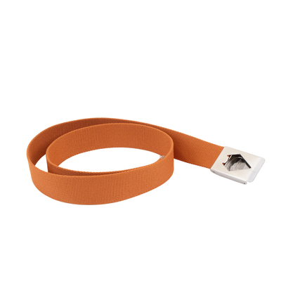 An orange volcom circle woven web belt with a silver metal buckle featuring a circular orange logo, coiled on a plain white background.