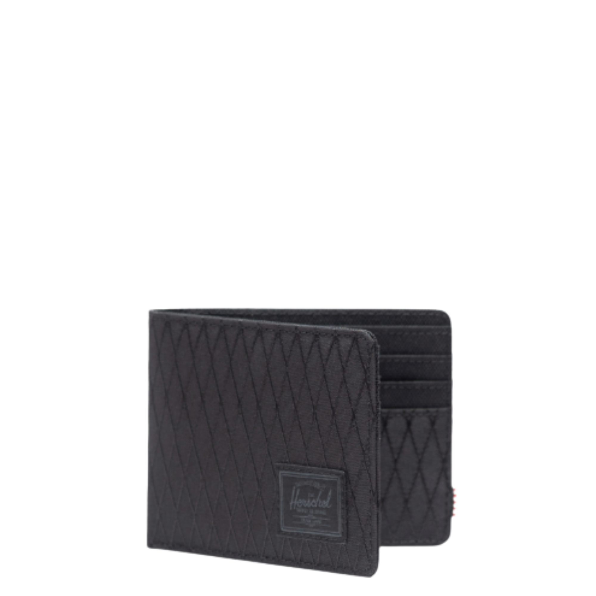 Black quilted herchel roy wallet with Herschel logo on a white background