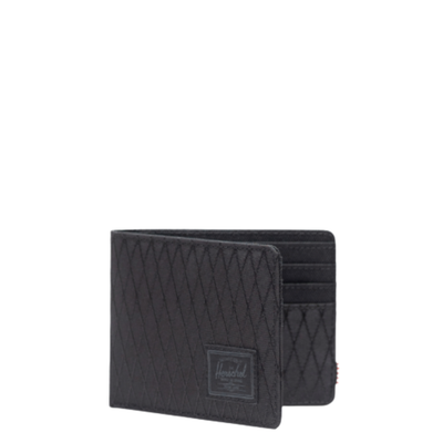 Black quilted herchel roy wallet with Herschel logo on a white background