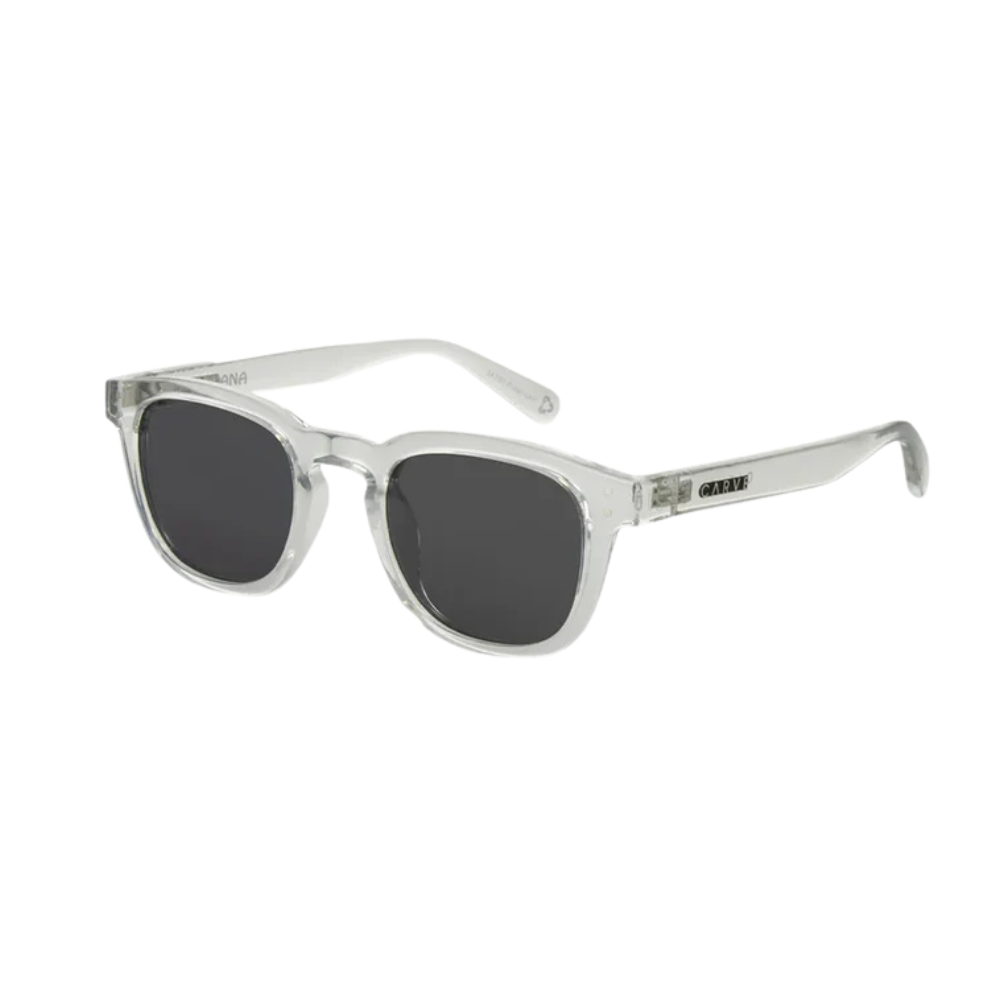 A pair of square carve usa eyewear havana sunglasses with a translucent frame and dark gray lenses, , shown from a three-quarters angle on a solid white background.