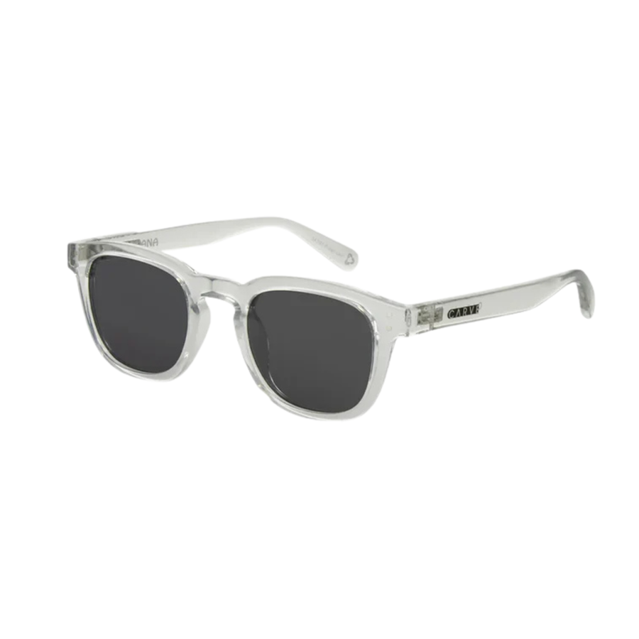 A pair of square carve usa eyewear havana sunglasses with a translucent frame and dark gray lenses, shown from a front-facing perspective on a solid white background.
