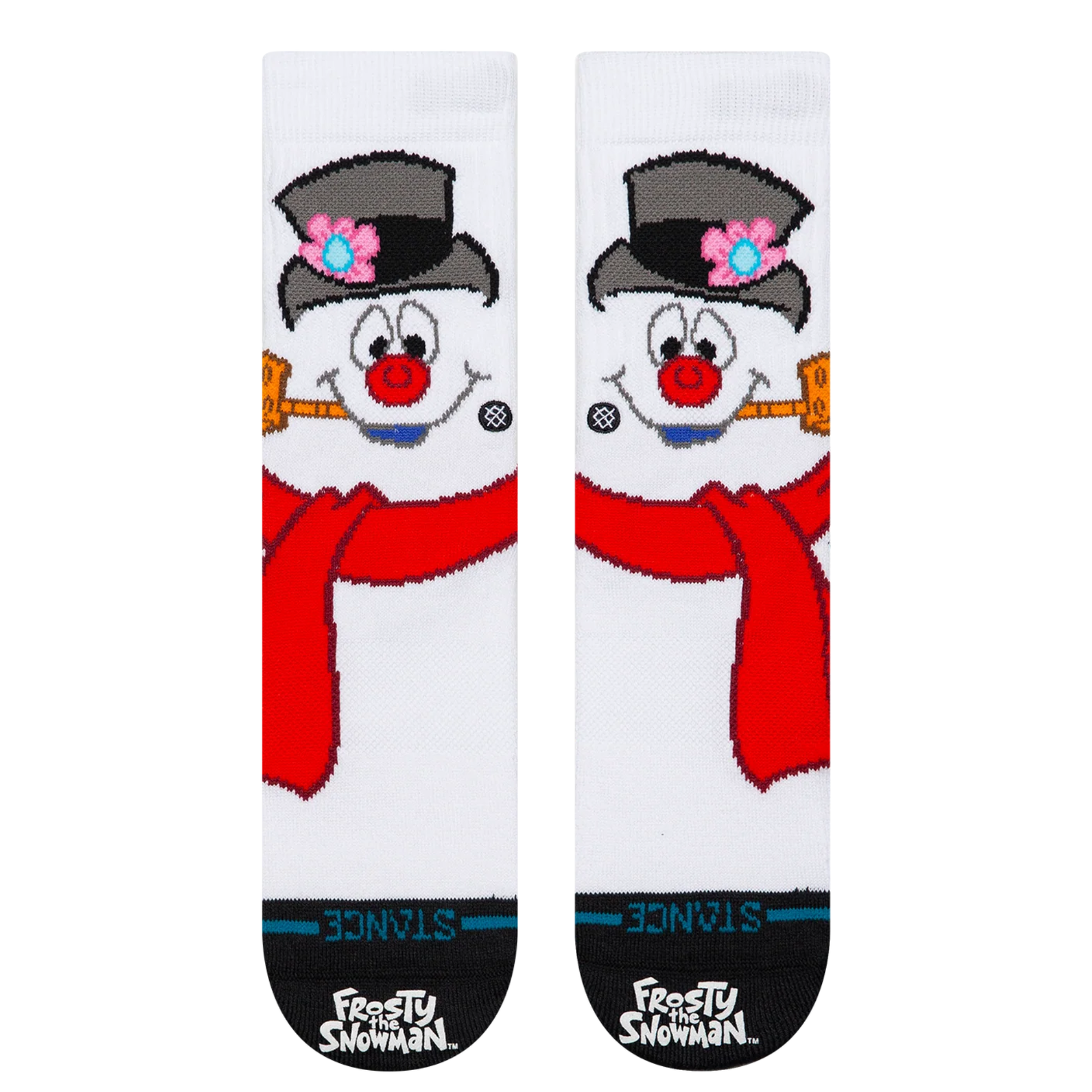 white stance kids socks featuring frosty the snowman on a white background