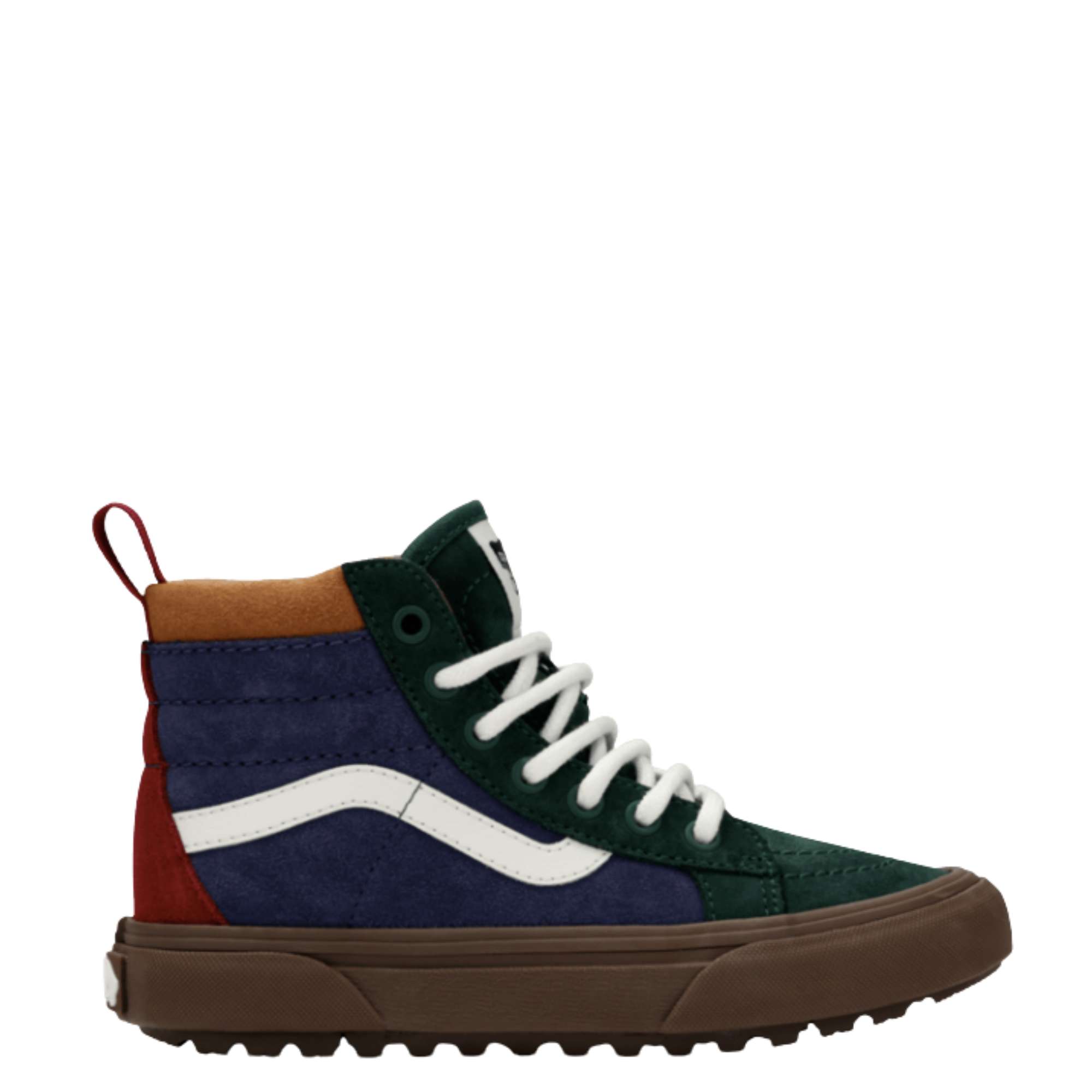 Multicolored vans kids mte sk8-hi insulated sneaker with white laces on a white background