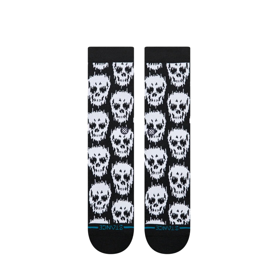 black stance static skull crew socks with white skulls on a white background