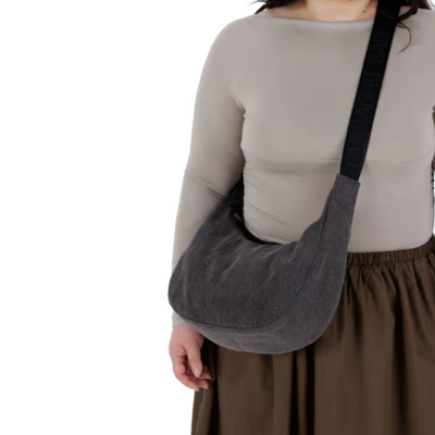 Dark gray baggu medium denim shoulder bag with a black strap on a white background