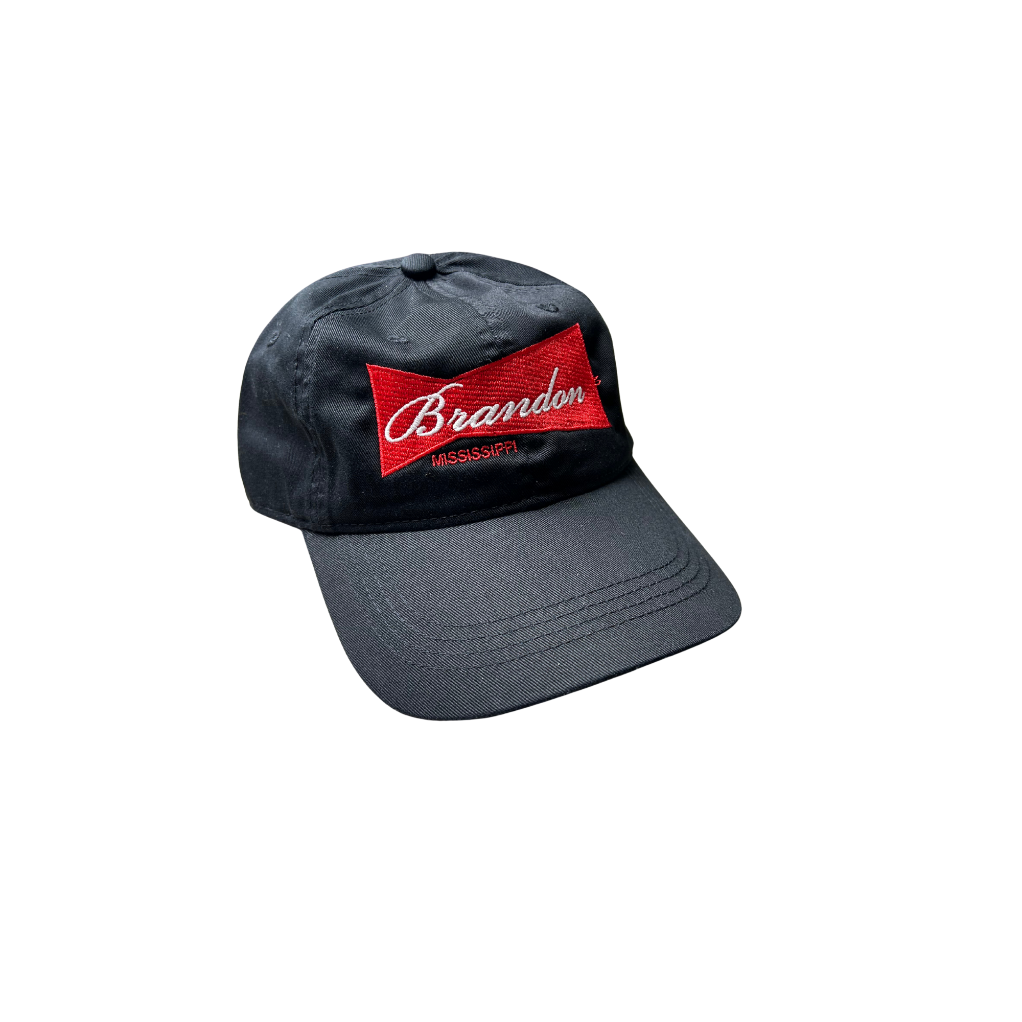 black hat featuring a vintage budweiser logo win red with brandon mississippi in white