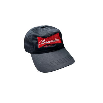 black hat featuring a vintage budweiser logo win red with brandon mississippi in white