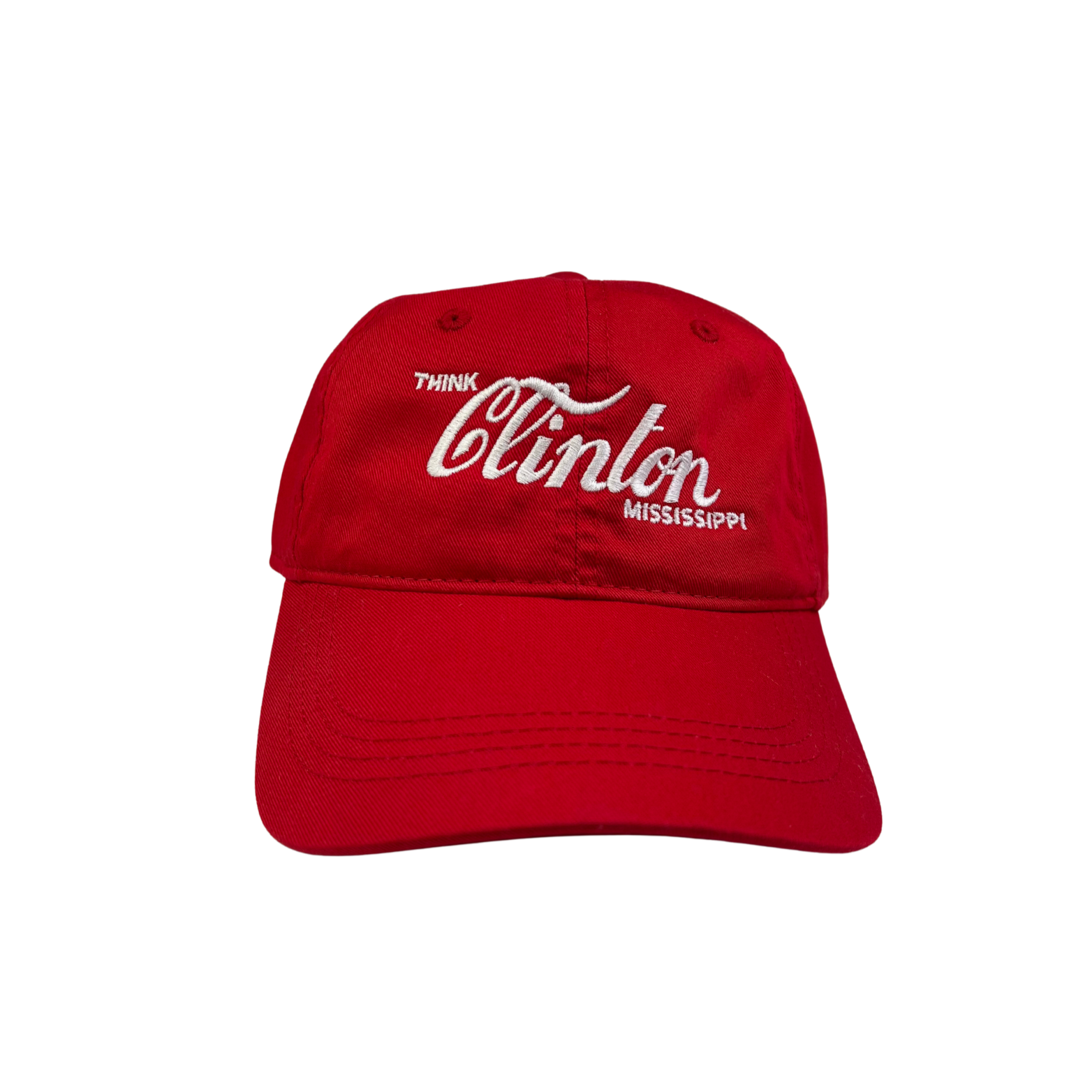 Red cap with white think clinton mississippi text on a white background