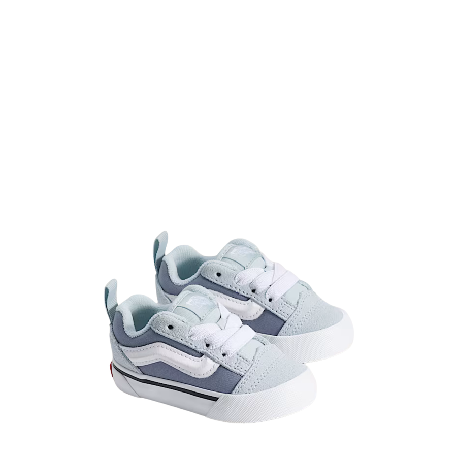 vans toddler knu skool sneaker with light blue and purple design on a white background
