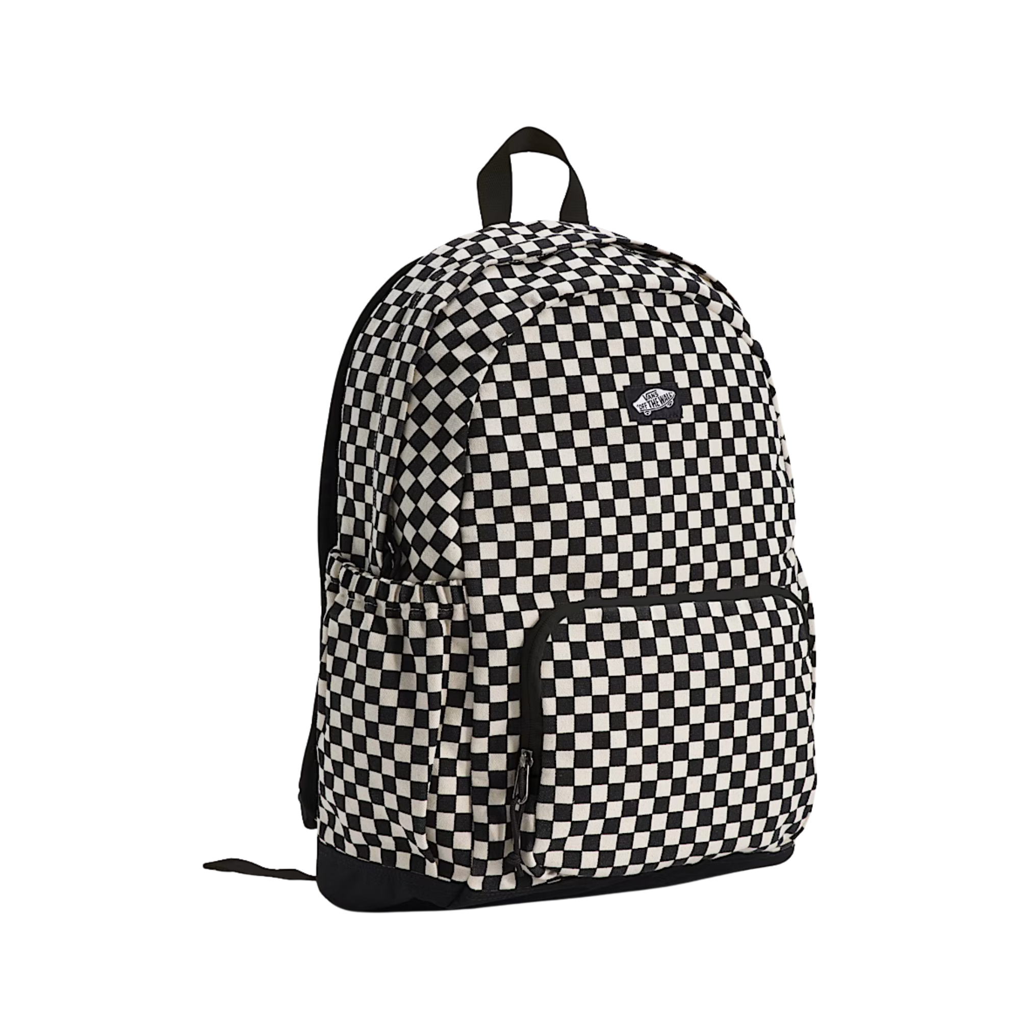 Black and white vans checkered new skool backpack on a white background