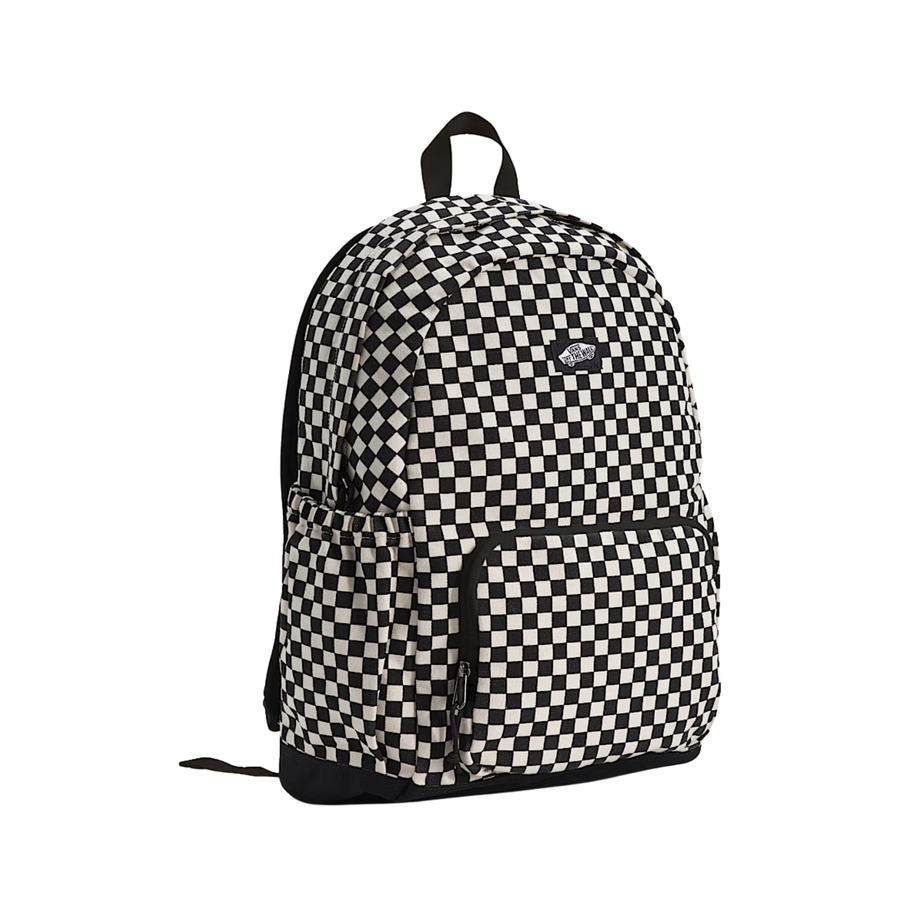 Black and white vans checkered new skool backpack on a white background