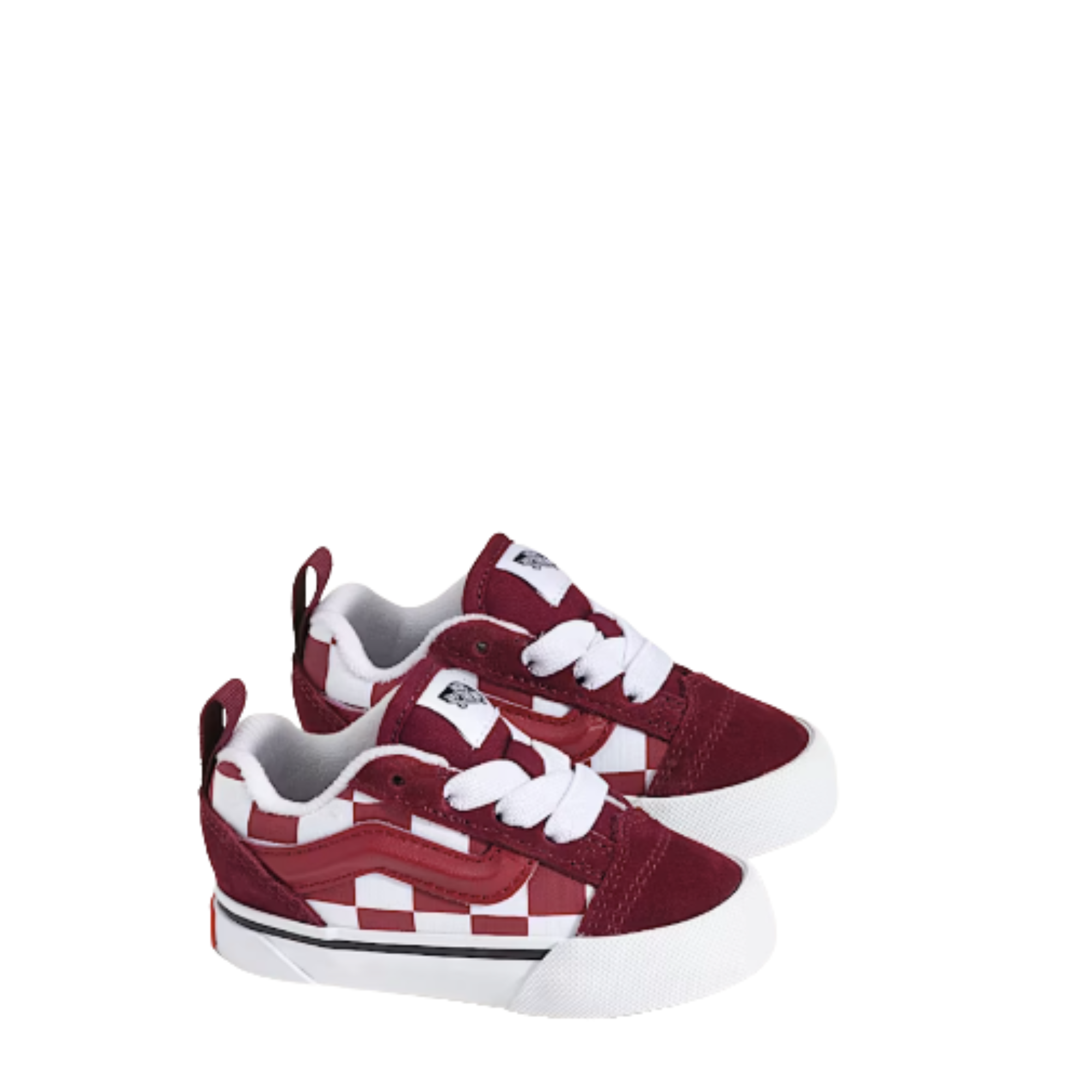 Red and white checkered vans toddler old skool toddler sneaker with elastic laces on a white background