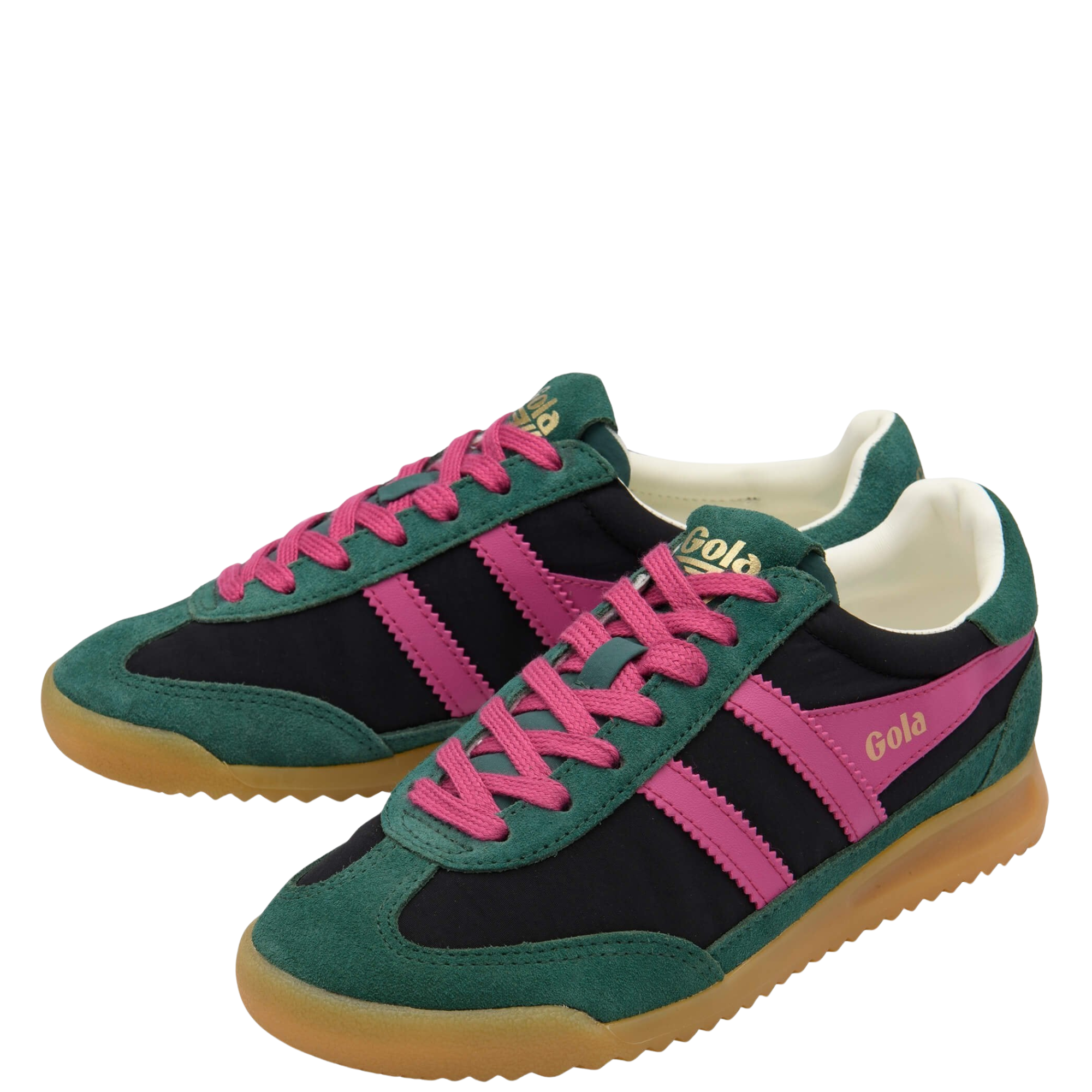 Green and black gola firefly women's sneaker with pink accents on a white background