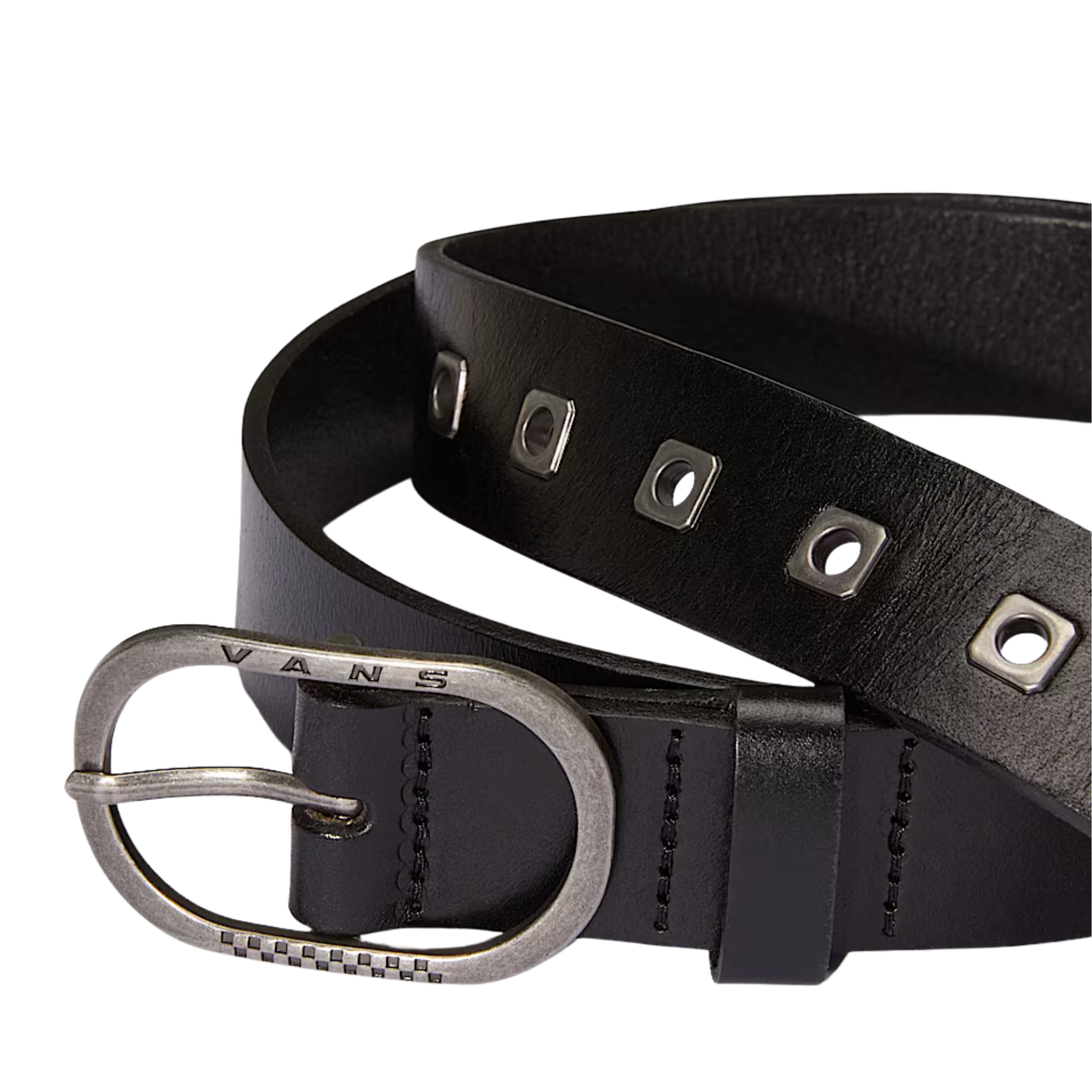 Black leather vans belt with silver buckle on a white background