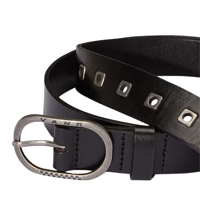 Black leather vans belt with silver buckle on a white background