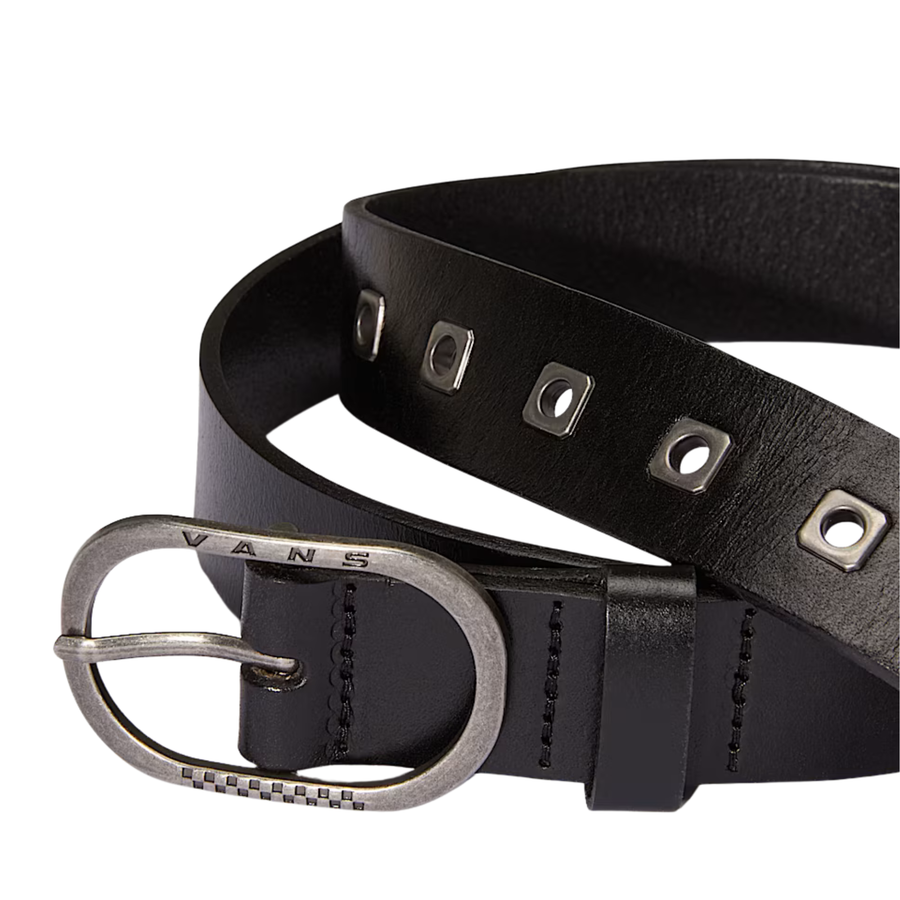 Black leather vans belt with silver buckle on a white background