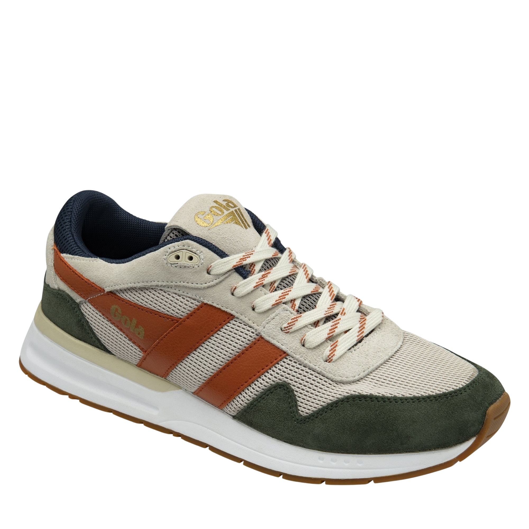 Multicolored gola men's delta sneaker with brown, green, and beige accents on a white background