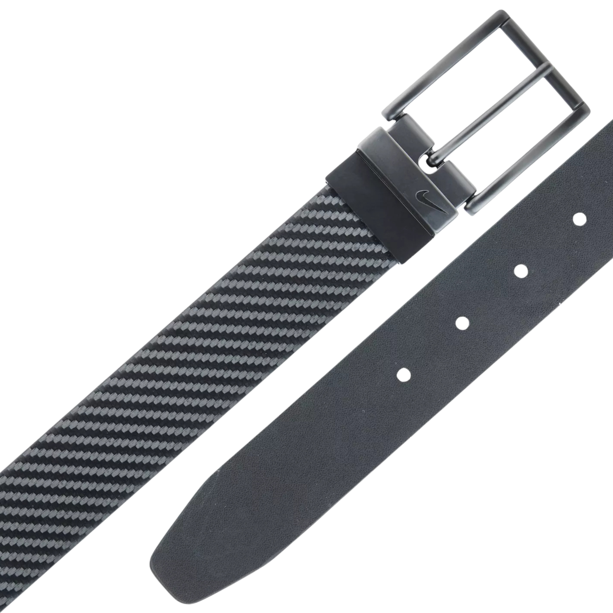 Black and grey carbon fiber pattern nike belt with a black buckle on a white background