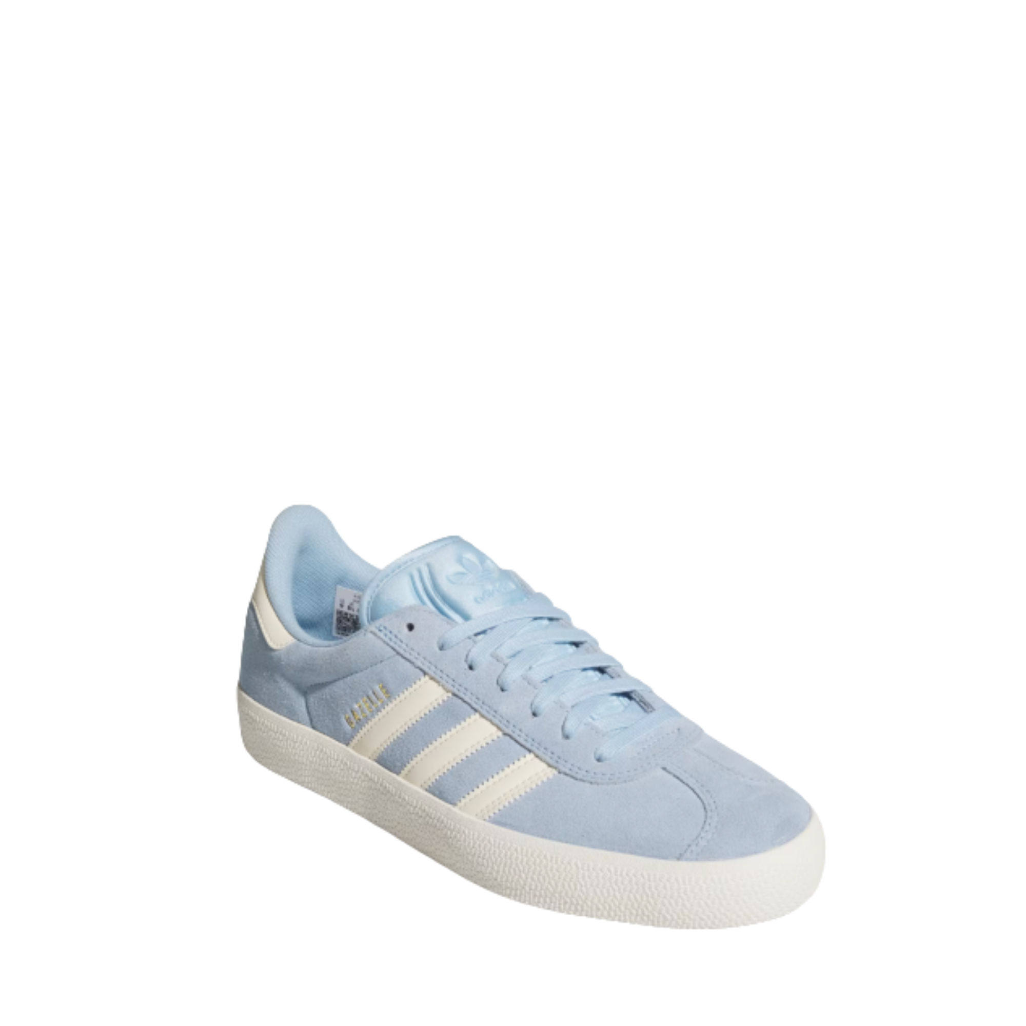 Light blue Adidas gazelle adv sneaker with white stripes on a white background