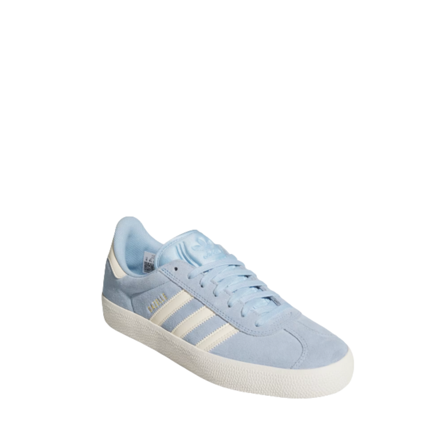 Light blue Adidas gazelle adv sneaker with white stripes on a white background
