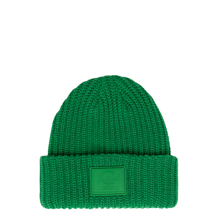 green rubber patch herschel beanie on a white background