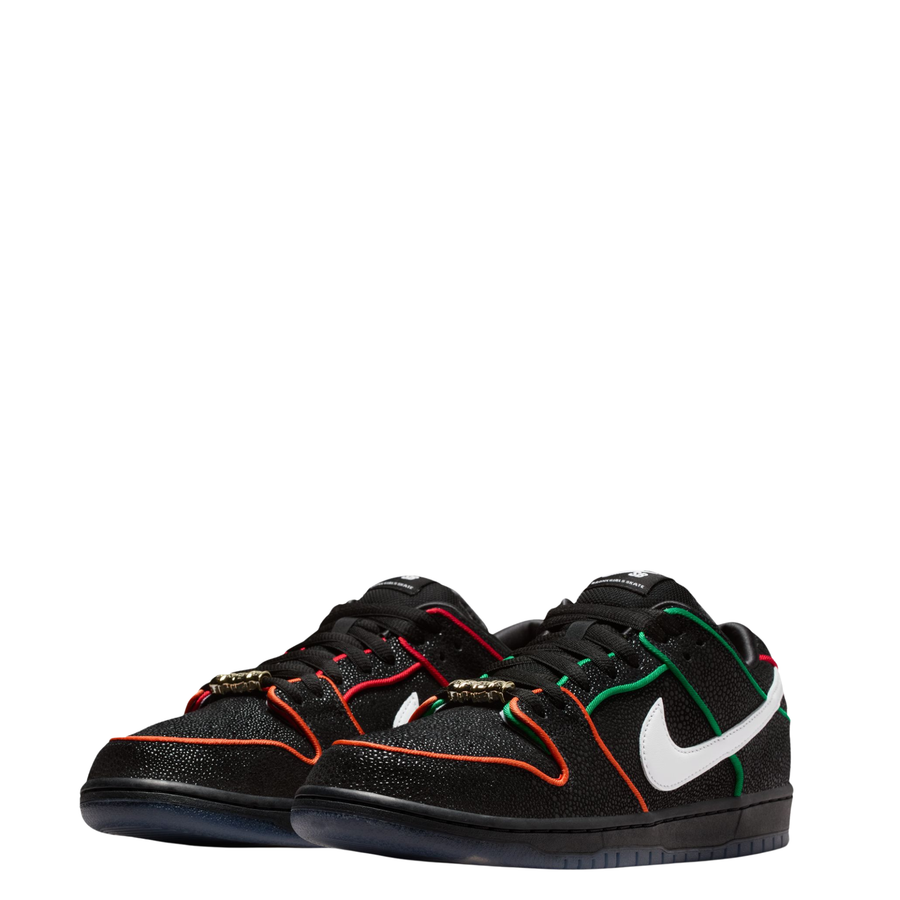 Black NIKE SB dunk low bronx girls skate sneaker with colorful accents on a white background