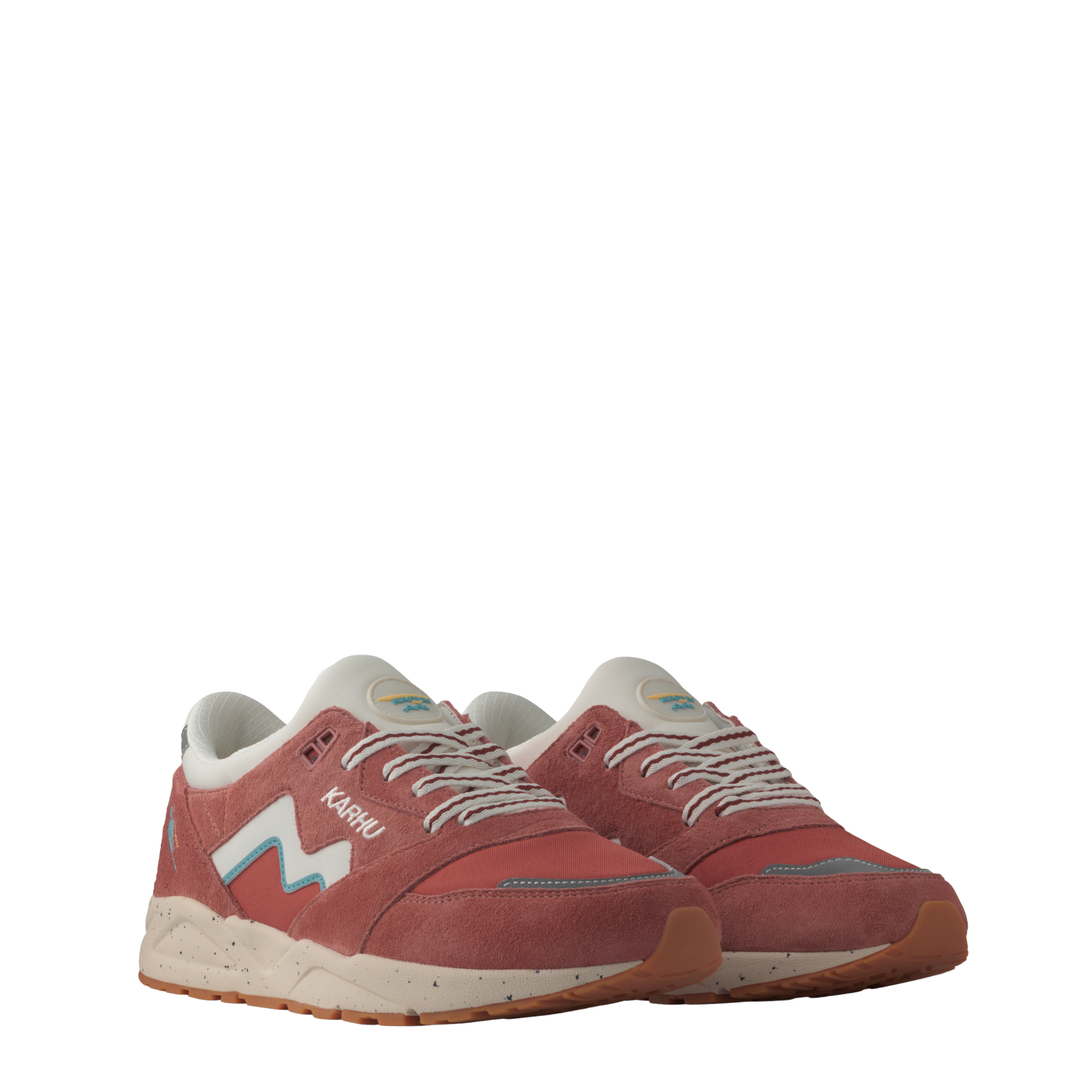 pink karhu aria 95 flower pack women's shoe with white accents on a white background