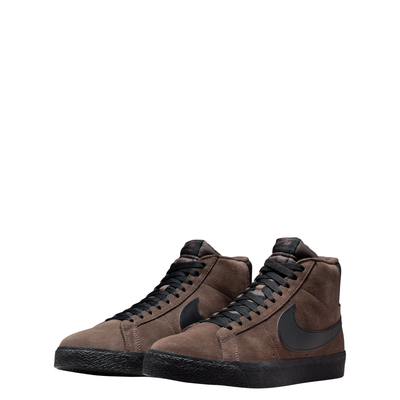 Brown mid-top nike sb blazer sneaker with black swoosh logo on a white background