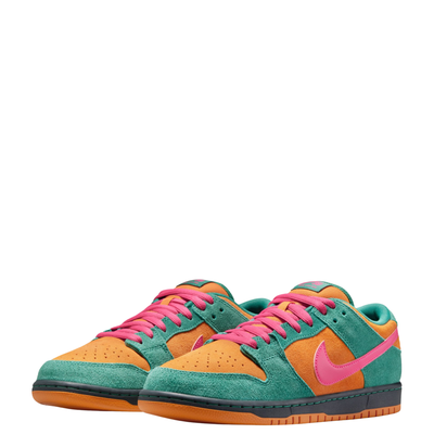 A low-top Nike sb dunk low watermelon sneaker in a vibrant multicolor palette, featuring teal green suede, orange suede overlays, a bright pink Swoosh and laces, and a black and orange sole, shown against a plain white background.