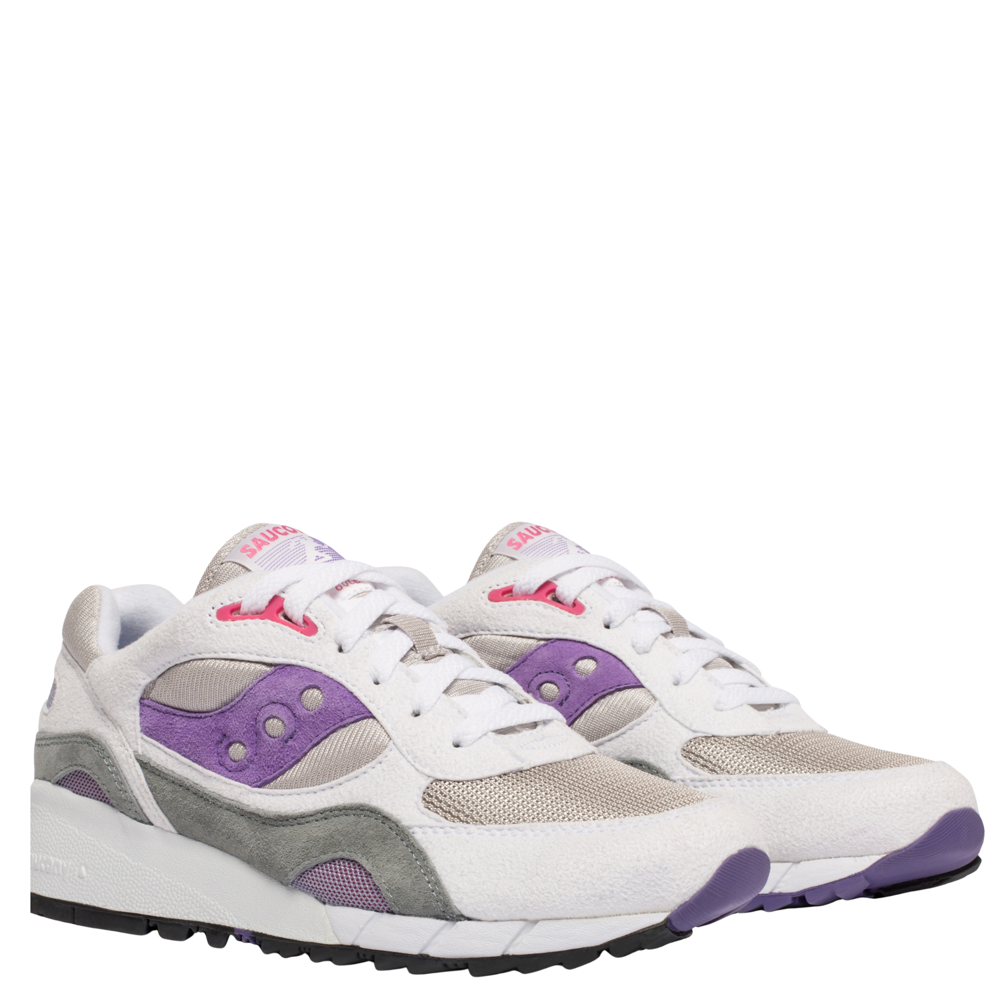 White, gray, and purple saucony shadow 6000 sneakers on a white background