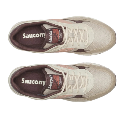 Beige saucony shadow 6000 women's sneaker with brown and pink accents on a white background