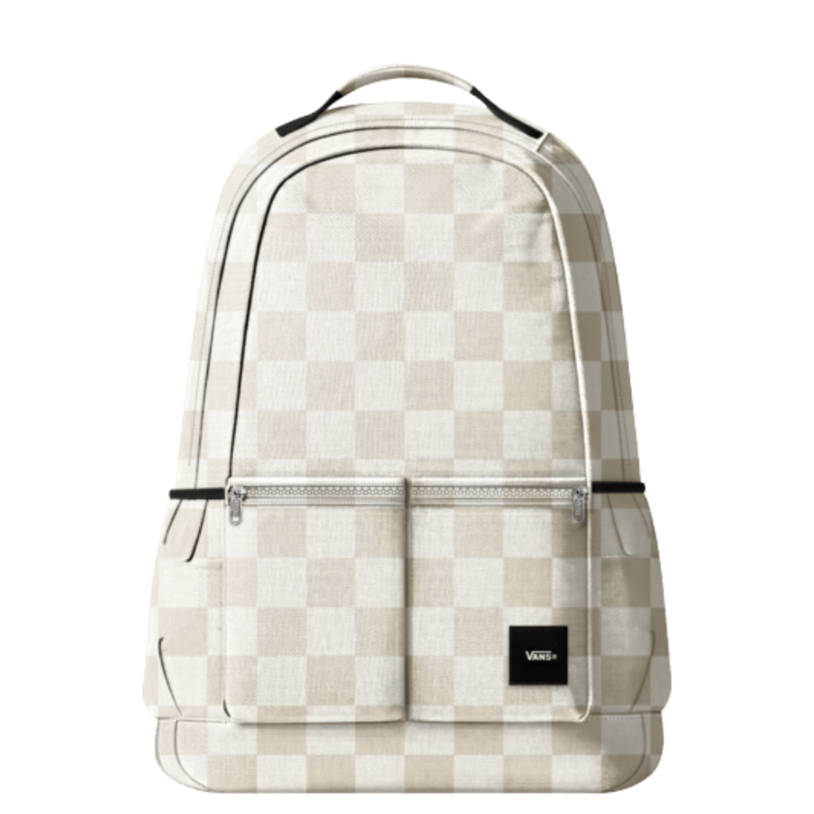 off white and tan vans checkerboard off the wall backpack on a white background