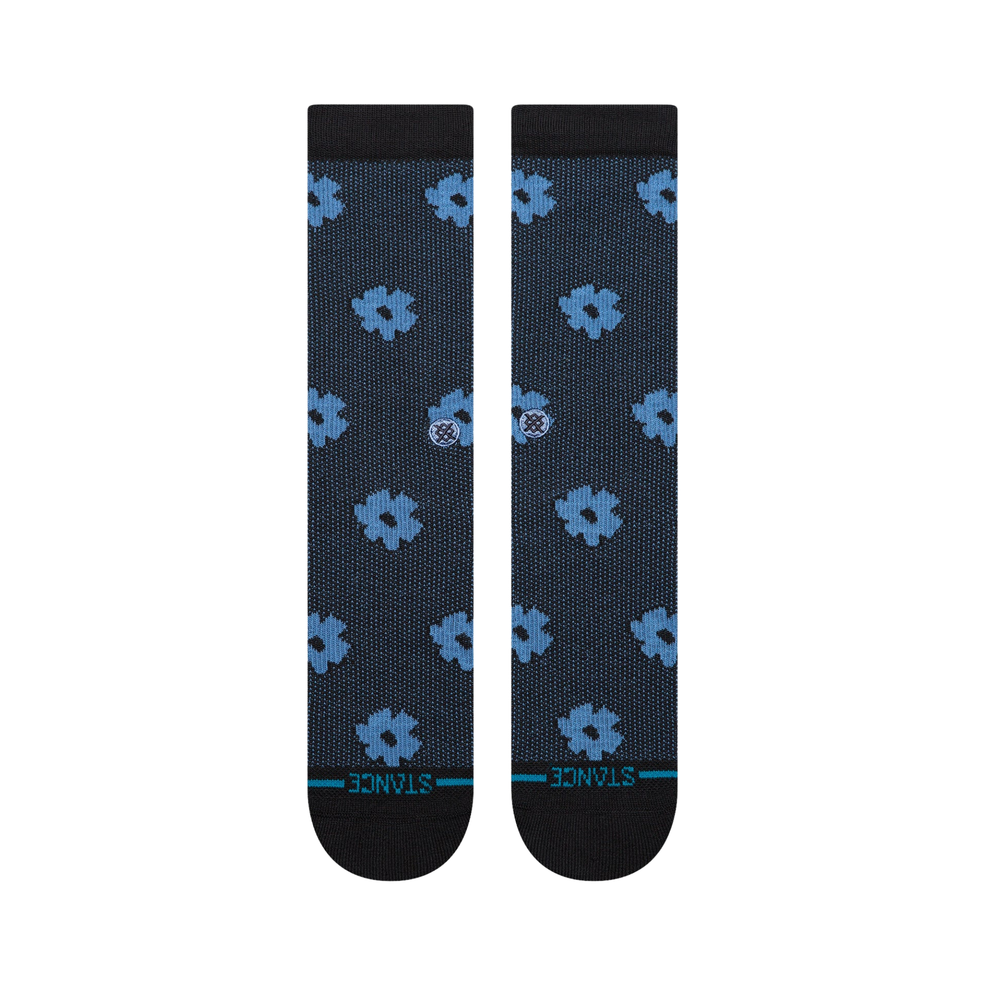 stance digital daisy crew socks with a black and blue floral pattern on a white background