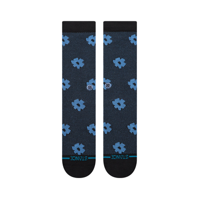 stance digital daisy crew socks with a black and blue floral pattern on a white background