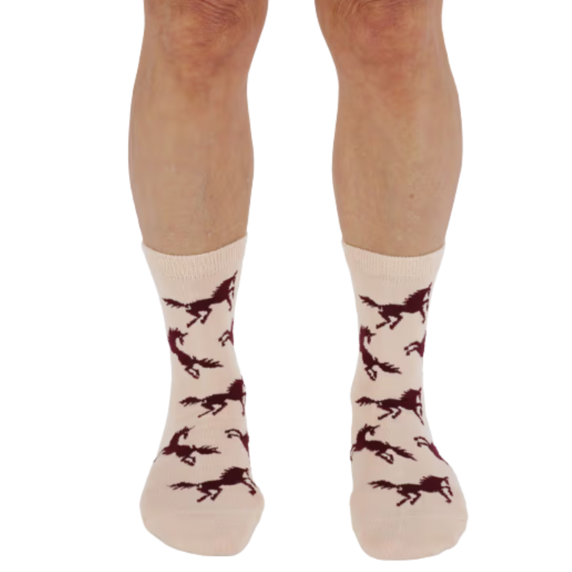 Beige baggu crew socks with horse pattern on a white background