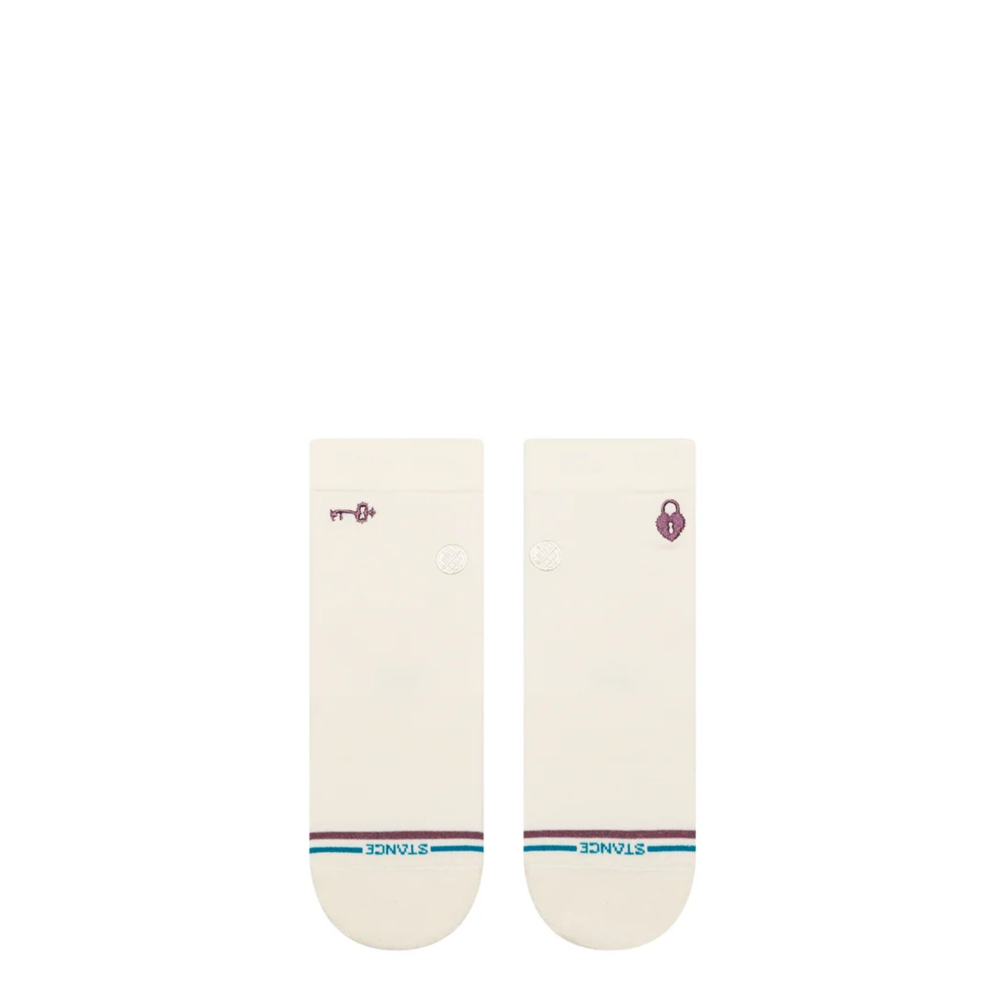 off white stance lock and key quarter socks featuring a lock on the left ankle and a key on the right on a white background