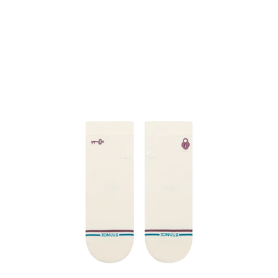 off white stance lock and key quarter socks featuring a lock on the left ankle and a key on the right on a white background