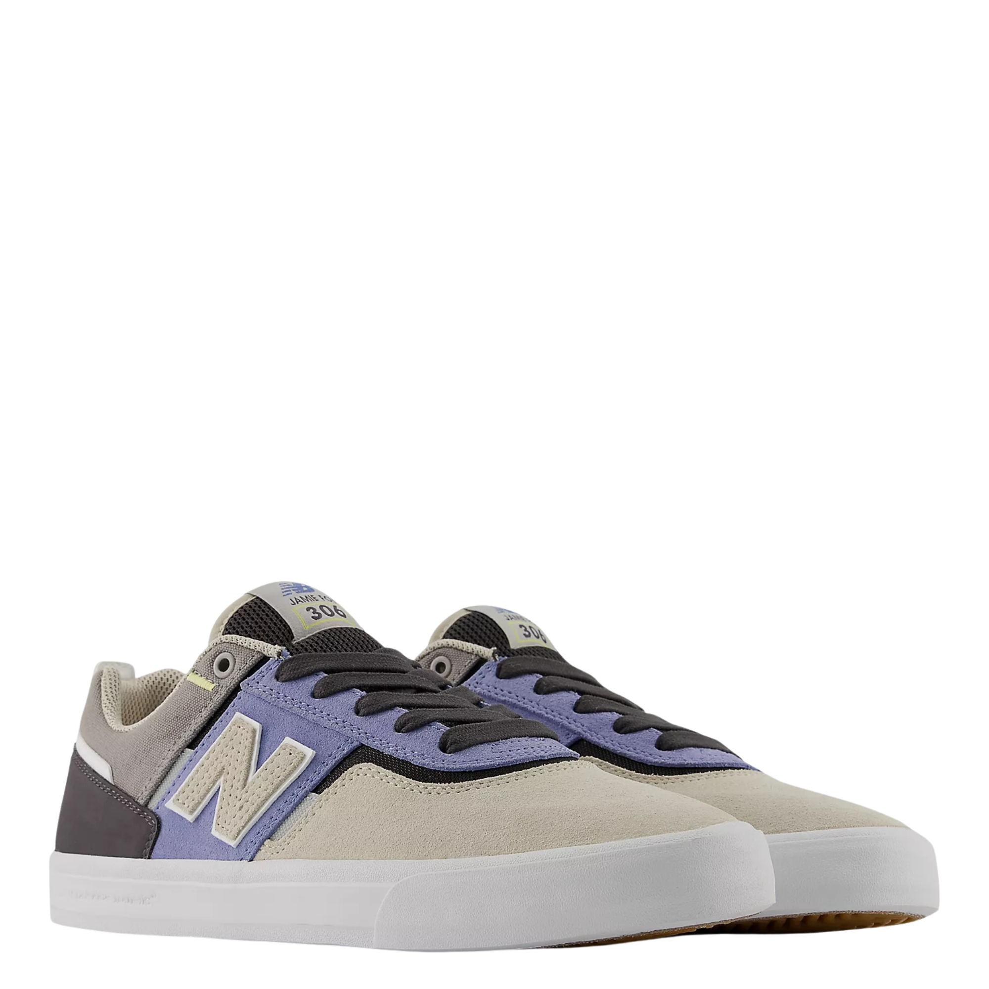 grey & blue new balance jamie foy 306 skateboard sneaker with white sole on a white background