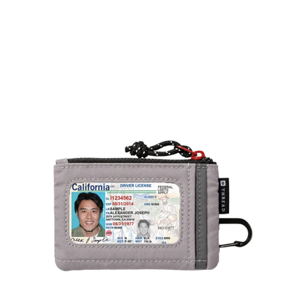 grey and white thread zipper adventure pouch wallet on a white background