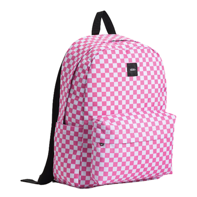 pink and white checkerboard vans old skool backpack on a white background